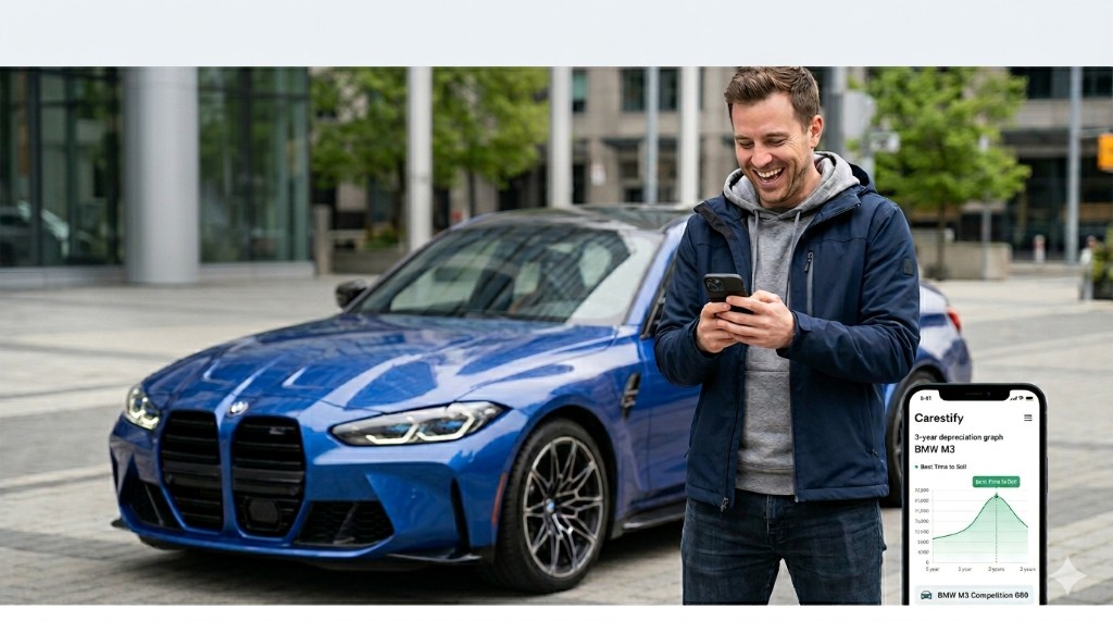 Driver checking Carestify results beside a blue performance car